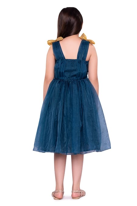 Shop Littlecheer Blue Silk Organza Sequins Glamstar Flared High-low Dress at Aza Fashions Shop_Littlecheer_Blue Silk Organza Sequins Glamstar Flared High-low Dress _at_Aza_Fashions