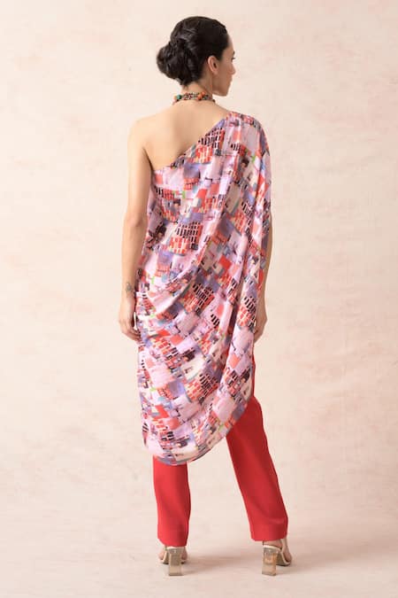 Shop Thetaa Pink Viscose, Cotton, Lycra One Abstract Print Cowl Draped Tunic And Pant Set at Aza Fashions Shop_Thetaa_Pink Viscose, Cotton, Lycra One Abstract Print Cowl Draped Tunic And Pant Set _at_Aza_Fashions