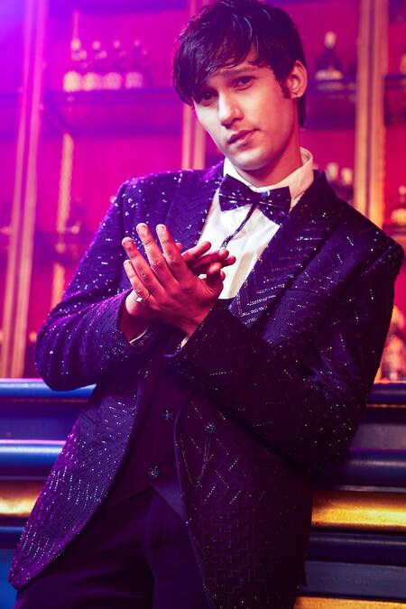 Shop_Kora By Nilesh Mitesh_Blue Silk Embroidery Geometric Embellished Tuxedo Suit Set_at_Aza_Fashions