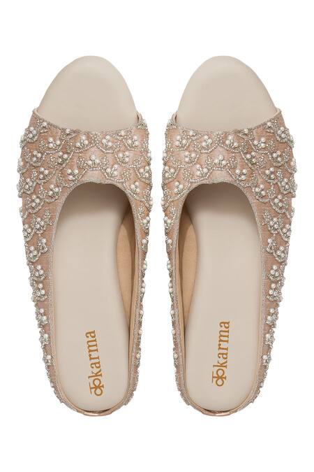 Shop Kkarma Accessories Pink Beads, Embroidery Kalki Peep Toe Wedges at Aza Fashions Shop_Kkarma Accessories_Pink Beads, Embroidery Kalki Peep Toe Wedges _at_Aza_Fashions