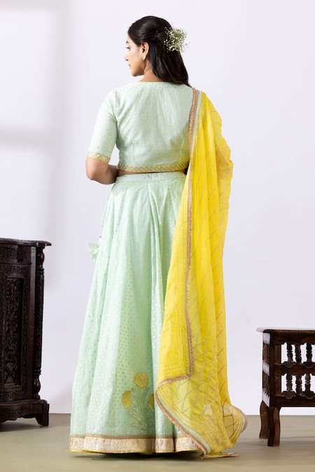 Shop_Abbaran_Green Chanderi Gota Patti, Embroidery, Tassels V-neck Floral Lehenga Set _at_Aza_Fashions