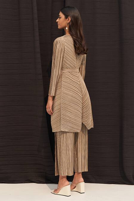 Shop Pleats By Aruni Gold Polyester V Neck Metallic Pleated Top And Pant Set at Aza Fashions Shop_Pleats By Aruni_Gold Polyester V Neck Metallic Pleated Top And Pant Set_at_Aza_Fashions