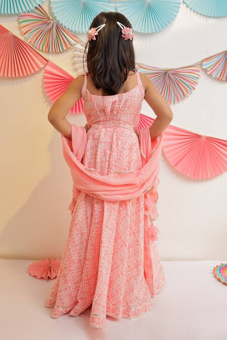 Shop_Tiny Colour_Peach Cotton, Georgette, Muslin Gota Patti, Candy Printed Anarkali With Dupatta_at_Aza_Fashions
