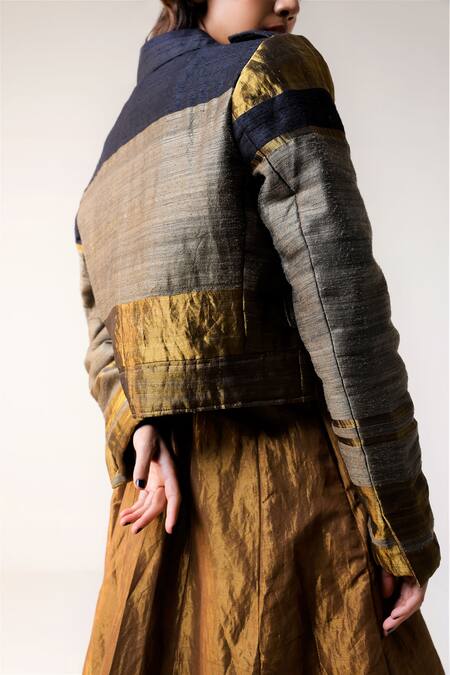 Shop_Shorshe Clothing_Black Handloom Cotton Collared Mj Handwoven Silk Jacket _at_Aza_Fashions