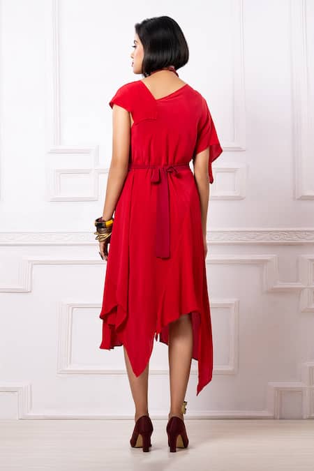 Shop Megha Garg Red Crepe V-neck Asymmetric Hem Dress at Aza Fashions Shop_Megha Garg_Red Crepe V-neck Asymmetric Hem Dress _at_Aza_Fashions