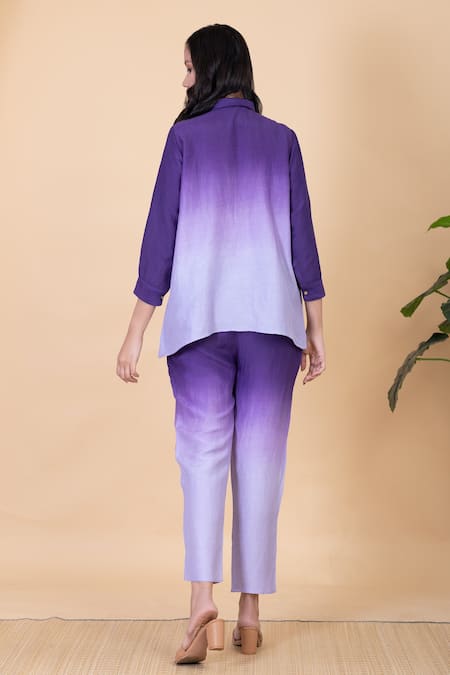 Shop Chambray & CO. Purple Silk Embroidery Split V-neck Amber Spread Collar Ombre Shirt And Pant Set at Aza Fashions Shop_Chambray & CO._Purple Silk Embroidery Split V-neck Amber Spread Collar Ombre Shirt And Pant Set _at_Aza_Fashions