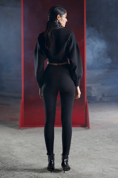 Shop Pocketful Of Cherrie Black Polyester, Cotton, Spandex Embroidery Khat Panel Jeggings at Aza Fashions Shop_Pocketful Of Cherrie_Black Polyester, Cotton, Spandex Embroidery Khat Panel Jeggings_at_Aza_Fashions