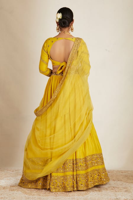 Shop Astha Narang Yellow Chanderi Beads, Cut Work, Zari Asymmetric Embroidered Lehenga Set at Aza Fashions Shop_Astha Narang_Yellow Chanderi Beads, Cut Work, Zari Asymmetric Embroidered Lehenga Set _at_Aza_Fashions