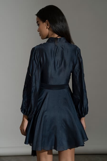 Shop Amrta By Guneet Kondal Blue Cotton, Silk, Viscose Embroidery, Tassels V-neck Santorini Tonal Dress at Aza Fashions Shop_Amrta By Guneet Kondal_Blue Cotton, Silk, Viscose Embroidery, Tassels V-neck Santorini Tonal Dress _at_Aza_Fashions