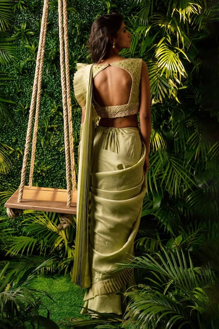 Shop Pallavi Poddar Green Georgette, Organza Sequins Round Lucknowi Pre-draped Saree With Blouse at Aza Fashions Shop_Pallavi Poddar_Green Georgette, Organza Sequins Round Lucknowi Pre-draped Saree With Blouse _at_Aza_Fashions
