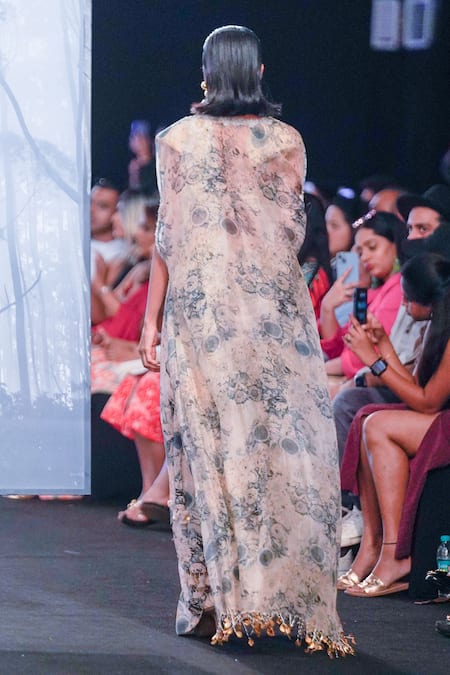 Shop Bhumika Sharma Beige Organza, Georgette Tassels, Embroidery V-neck Blossom Print Saree Cape Set at Aza Fashions Shop_Bhumika Sharma_Beige Organza, Georgette Tassels, Embroidery V-neck Blossom Print Saree Cape Set _at_Aza_Fashions