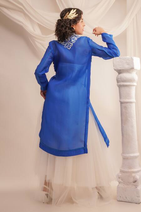 Shop Jajaabor Blue Silk Organza Embroidery Athena Open Long Jacket at Aza Fashions Shop_Jajaabor_Blue Silk Organza Embroidery Athena Open Long Jacket _at_Aza_Fashions