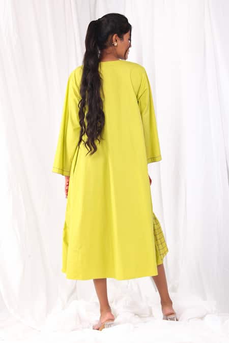 Shop Khat Green Cotton, Poplin Embroidery V-neck Checkered Flared Dress at Aza Fashions Shop_Khat_Green Cotton, Poplin Embroidery V-neck Checkered Flared Dress _at_Aza_Fashions