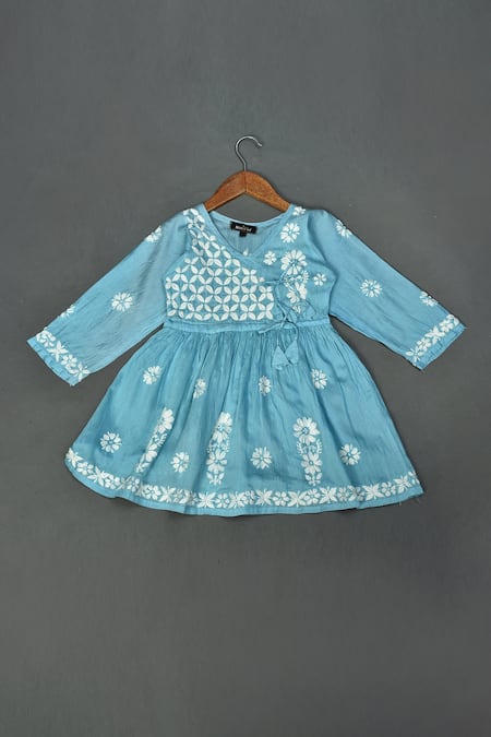 Shop_Maaikid_Blue Chanderi Embroidery Chikankari Kurta And Sharara Set _at_Aza_Fashions