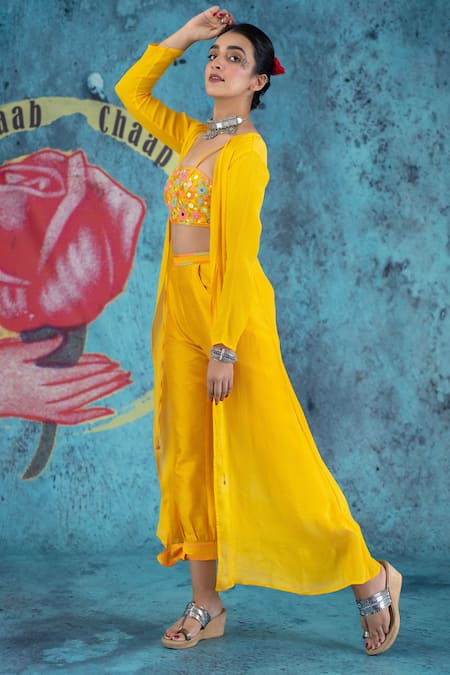 Shop Kacha Tanka Yellow Dupion Art Silk Embroidery Floral Square Mirror And Work Crop Top Cape Set at Aza Fashions Shop_Kacha Tanka_Yellow Dupion Art Silk Embroidery Floral Square Mirror And Work Crop Top Cape Set _at_Aza_Fashions