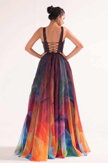 Cedar & Pine Abstract Print Sequin Bodice Gown 