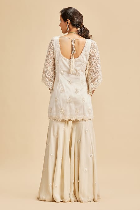 Shop Nitika Gujral Ivory Kurta And Dupatta Net & Sharara Shimmer Georgette Bead & Crystal Set at Aza Fashions Shop_Nitika Gujral_Ivory Kurta And Dupatta Net & Sharara Shimmer Georgette Bead & Crystal Set _at_Aza_Fashions