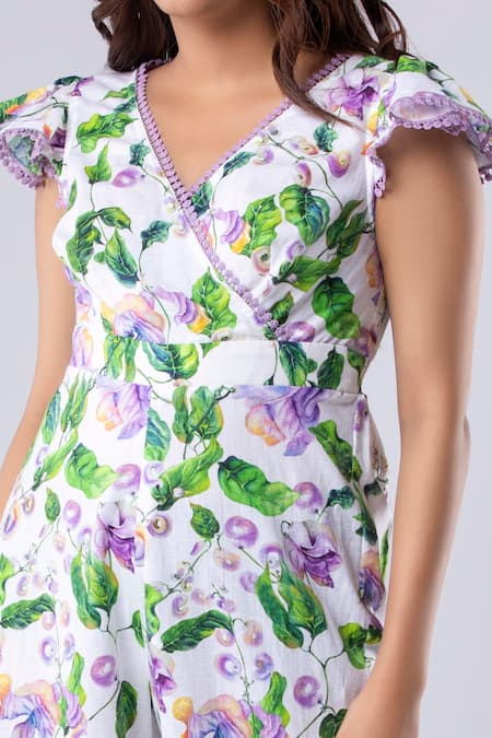 Shop Tangerine Tiger Purple Cotton Linen Floral V Neck Print Jumpsuit at Aza Fashions Shop_Tangerine Tiger_Purple Cotton Linen Floral V Neck Print Jumpsuit_at_Aza_Fashions