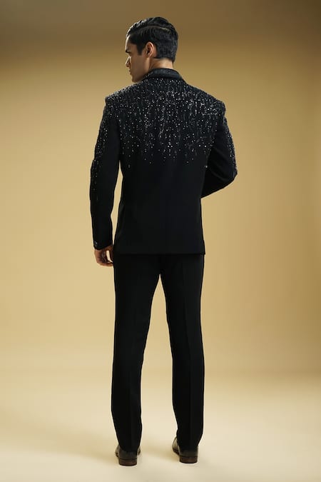Shop Kommal Sood Black Kupro Embroidered Sequin And Cutdana Tuxedo Trouser Set at Aza Fashions Shop_Kommal Sood_Black Kupro Embroidered Sequin And Cutdana Tuxedo Trouser Set _at_Aza_Fashions