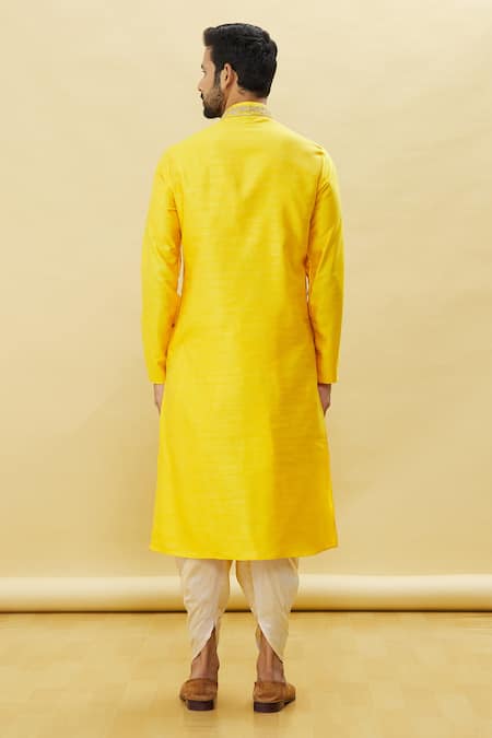 Shop_Arihant Rai Sinha_Yellow Silk Embroidery Placket Kurta Patiala Set _at_Aza_Fashions
