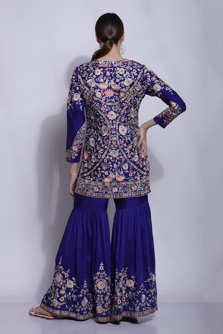 Shop_Sonali Gupta_Blue 25% Silk Embroidered Chikankari Parsi Round Kurta And Sharara Set  _at_Aza_Fashions