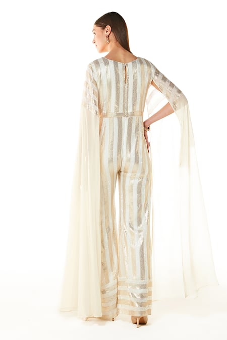 Shop_Rabani & Rakha_Ivory Georgette Embroidery Sequin V Neck Adha Stripe Jumpsuit  _at_Aza_Fashions