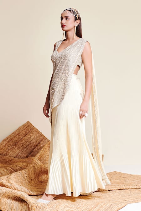 Reeti Arneja_Ivory Organza, Taffeta, Saraang Pre-stitched Saree With Embroidered Blouse _Online_at_Aza_Fashions