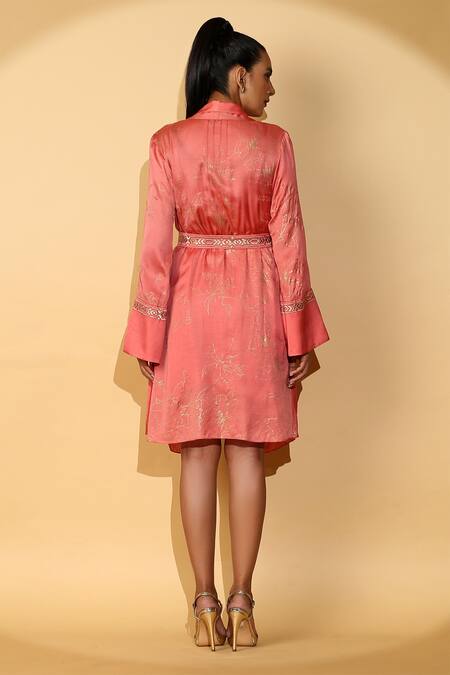 Shop Madder Much Coral 65% Cupro 35% Modal Dress Round, Jacket Dia With Embroidered at Aza Fashions Shop_Madder Much_Coral 65% Cupro 35% Modal Dress Round, Jacket Dia With Embroidered_at_Aza_Fashions