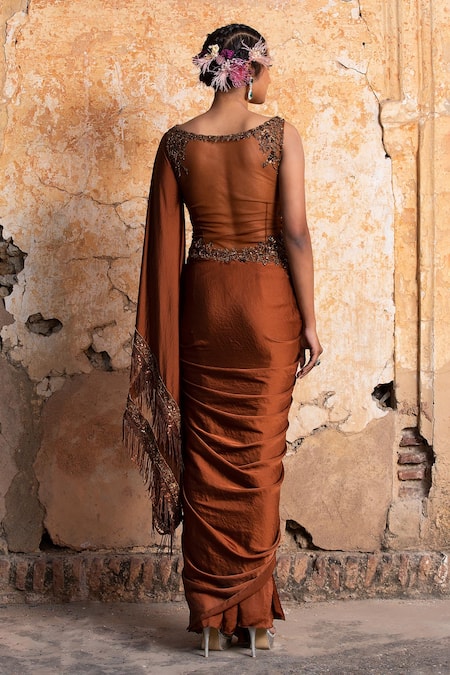 Nitika Gujral_Brown Satin Sequins, Crystals, Beads And Work Draped Saree _Online_at_Aza_Fashions
