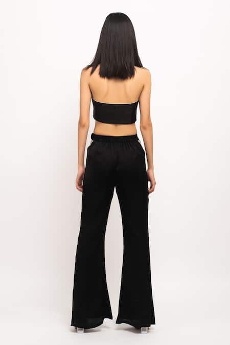Shop Neora By Nehal Chopra Black Modal Embroidery Halter Neck Bustier And Flared Pant Set at Aza Fashions Shop_Neora By Nehal Chopra_Black Modal Embroidery Halter Neck Bustier And Flared Pant Set _at_Aza_Fashions