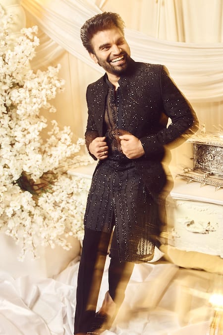 Shop Varun Chakkilam Black Polyblend Suiting Fabric Embroidered Glass Open Jacket And Kurta Set at Aza Fashions Shop_Varun Chakkilam_Black Polyblend Suiting Fabric Embroidered Glass Open Jacket And Kurta Set _at_Aza_Fashions
