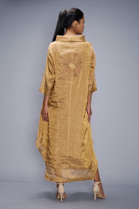 Shop Taika By Poonam Bhagat Gold , Silk Embroidery Collared Dress at Aza Fashions Shop_Taika By Poonam Bhagat_Gold , Silk Embroidery Collared Dress _at_Aza_Fashions