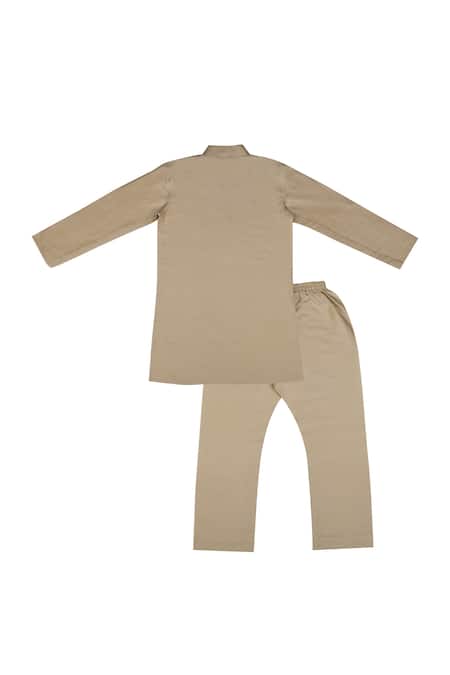 Shop Little Stars Beige Cotton Silk Plain Long Sleeve Kurta And Aligarh Pant Set at Aza Fashions Shop_Little Stars_Beige Cotton Silk Plain Long Sleeve Kurta And Aligarh Pant Set _at_Aza_Fashions