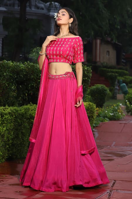 Shop_House Of Mithi Kalra_Pink Banarasi Silk Hand Embroidered Zardosi One Shoulder Blouse Lehenga Set _at_Aza_Fashions
