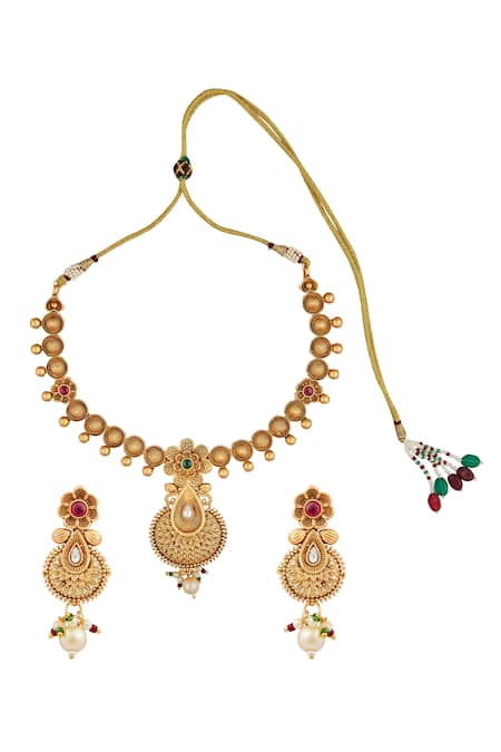 Nazaakat By Samara Singh Floral Motif Carved Necklace Set 
