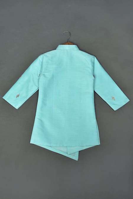 Shop_Maaikid_Aqua Silk, Cotton Embroidery, Zari Zardosi Butti Asymmetrical Sherwani Set _at_Aza_Fashions