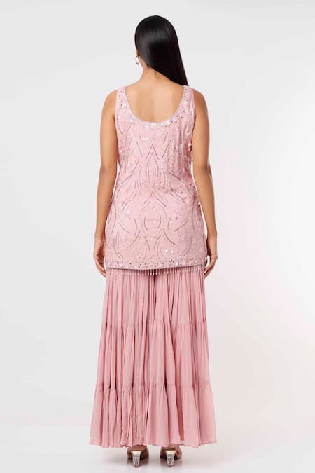 Shop Mehak Murpana Pink Silk, Chiffon Sequins Square Neck Abstract Embroidered Kurta Sharara Set at Aza Fashions Shop_Mehak Murpana_Pink Silk, Chiffon Sequins Square Neck Abstract Embroidered Kurta Sharara Set _at_Aza_Fashions