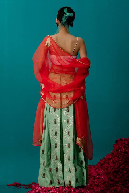 Shop_Latha Puttanna_Red Organza Embroidered Tiger Dupatta _at_Aza_Fashions