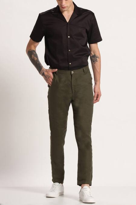 Buy Son Of A Noble Snob Green Linen Pants at Aza Fashions Buy_Son Of A Noble Snob_Green Linen Pants_at_Aza_Fashions