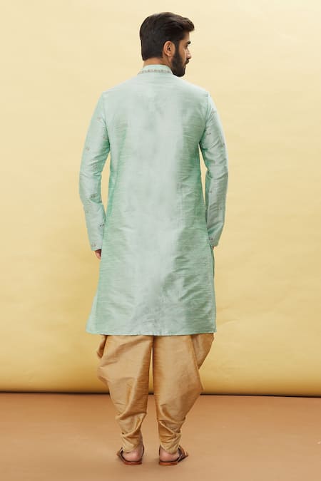 Shop Arihant Rai Sinha Green Silk Embroidery Garden Pattern Kurta And Dhoti Pant Set at Aza Fashions Shop_Arihant Rai Sinha_Green Silk Embroidery Garden Pattern Kurta And Dhoti Pant Set _at_Aza_Fashions