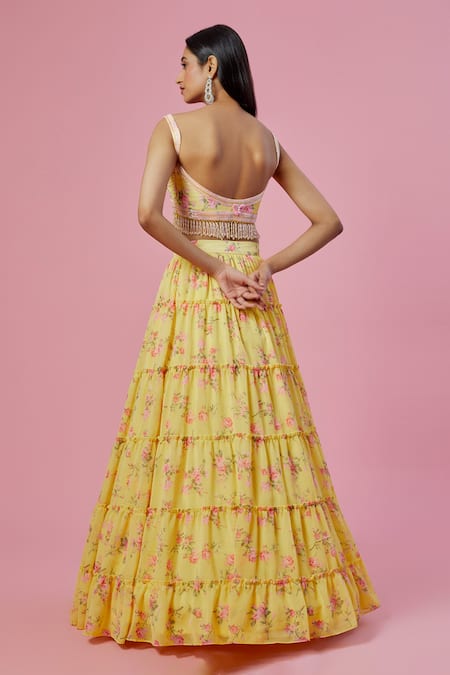 Shop_Label Priyanka Kar_Yellow Viscose Georgette Hand Embroidered Beads Floral Print Tiered Lehenga Set _at_Aza_Fashions