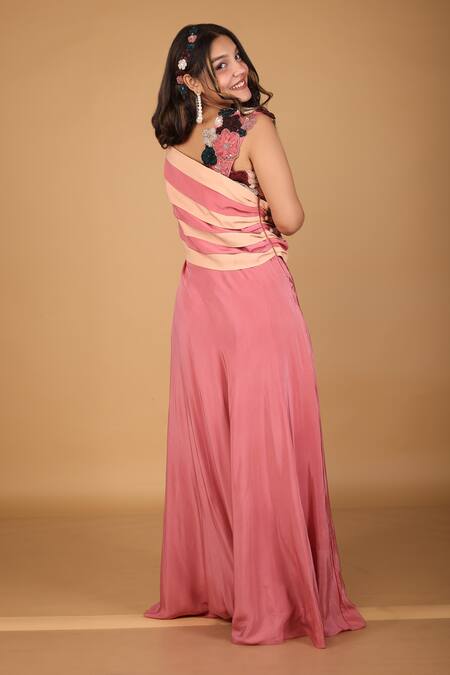 Shop Label Shristi Chetani Pink Crepe, Taffeta Embroidery Asymmetric Floral Embellished Draped Gown at Aza Fashions Shop_Label Shristi Chetani_Pink Crepe, Taffeta Embroidery Asymmetric Floral Embellished Draped Gown_at_Aza_Fashions