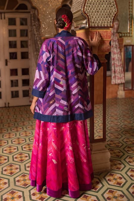 Priyanka Raajiv_Purple Silk, Satin, Brocade, Cotton And Chakori Chevron Pattern Patch Jacket _Online_at_Aza_Fashions