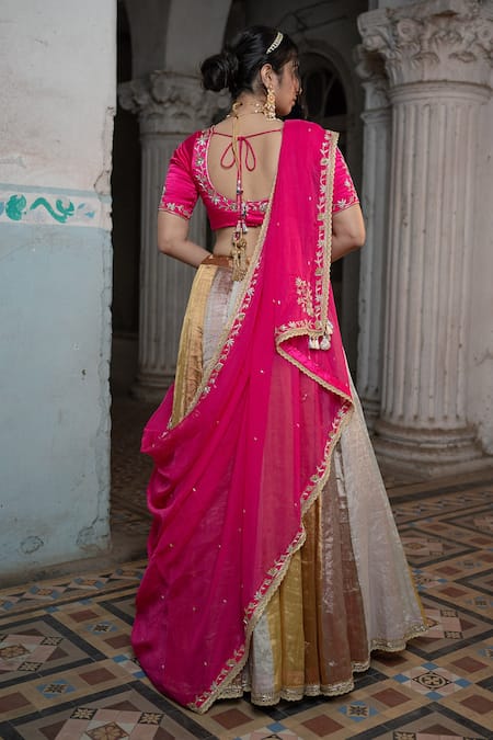 Shop Sheela Suthar Multi Color Gabardine, Silk, Gingham Embroidery Scoop Neck Panelled Lehenga Set at Aza Fashions Shop_Sheela Suthar_Multi Color Gabardine, Silk, Gingham Embroidery Scoop Neck Panelled Lehenga Set _at_Aza_Fashions