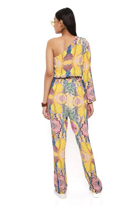 Shop_PS Pret By Payal Singhal_Yellow Crepe Printed Enchanted Asymmetric One Shoulder Jumpsuit_at_Aza_Fashions