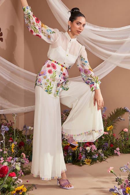 Shop_Dohr India_White Shirt Organza Printed Tropical Mandarin Collar And Pant Set _at_Aza_Fashions