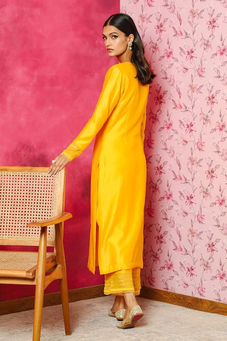 Shop Dohr India Yellow Silk, Chanderi, Organza Sequins, Lace, Seher Kurta Palazzo Set at Aza Fashions Shop_Dohr India_Yellow Silk, Chanderi, Organza Sequins, Lace, Seher Kurta Palazzo Set _at_Aza_Fashions