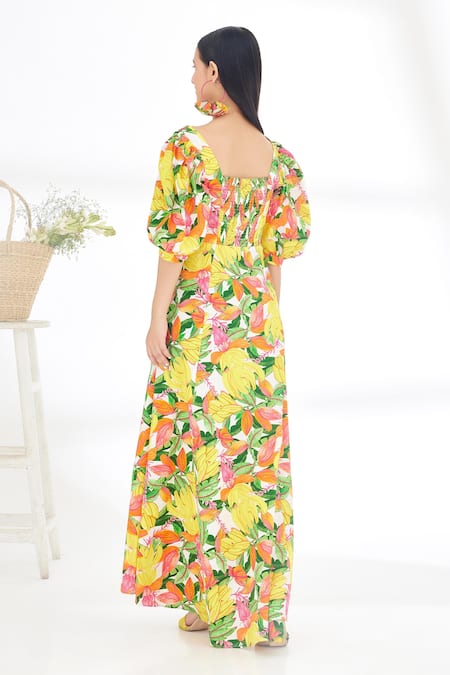 Nikasha Yellow Cotton Poplin Banana, Fruit Deep Round Hand Painted Dress Online at Aza Fashions Nikasha_Yellow Cotton Poplin Banana, Fruit Deep Round Hand Painted Dress _Online_at_Aza_Fashions
