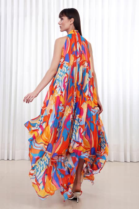 Mandira Wirk_Multi Color Chiffon V-neck Pop Abstract Print High Low Dress _Online_at_Aza_Fashions