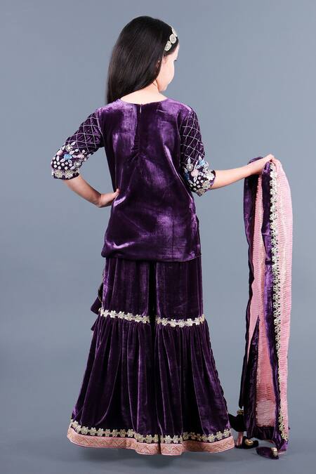 Shop Shining Kanika Black Silk Velvet Embroidery Check Flower Kurta Sharara Set at Aza Fashions Shop_Shining Kanika_Black Silk Velvet Embroidery Check Flower Kurta Sharara Set_at_Aza_Fashions